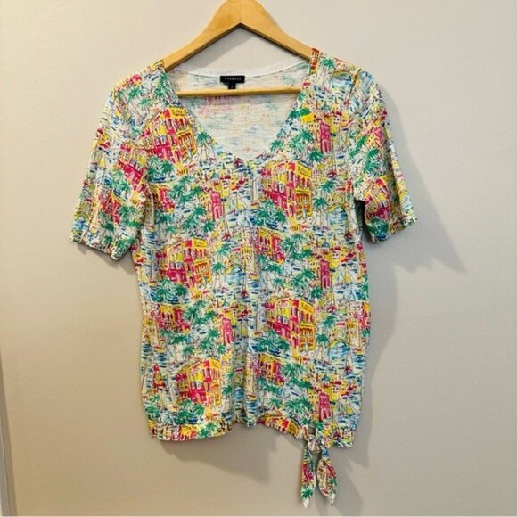 Talbots S Santorini Greece Print Cotton Sweater V-Neck Tie Hem Tropical Coquette - Picture 3 of 9